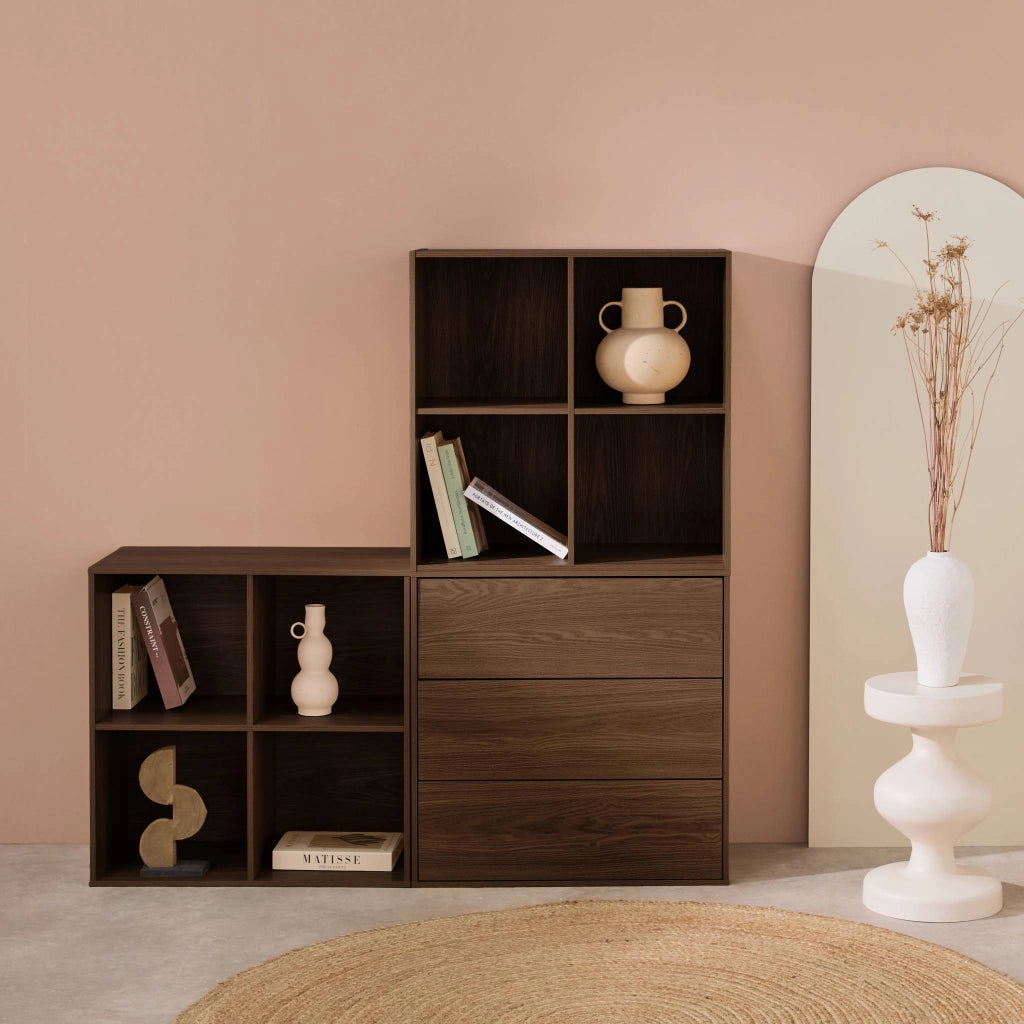 Libreria modulare in legno, 3 cassetti 8 vani, noce
