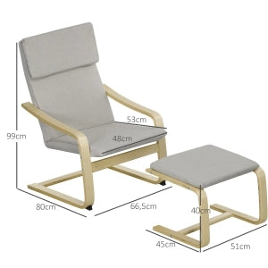 POLTRONA con poggiapiedi 66,5x80x99 cm in lino grigio chiaro Set da 2 pezzi