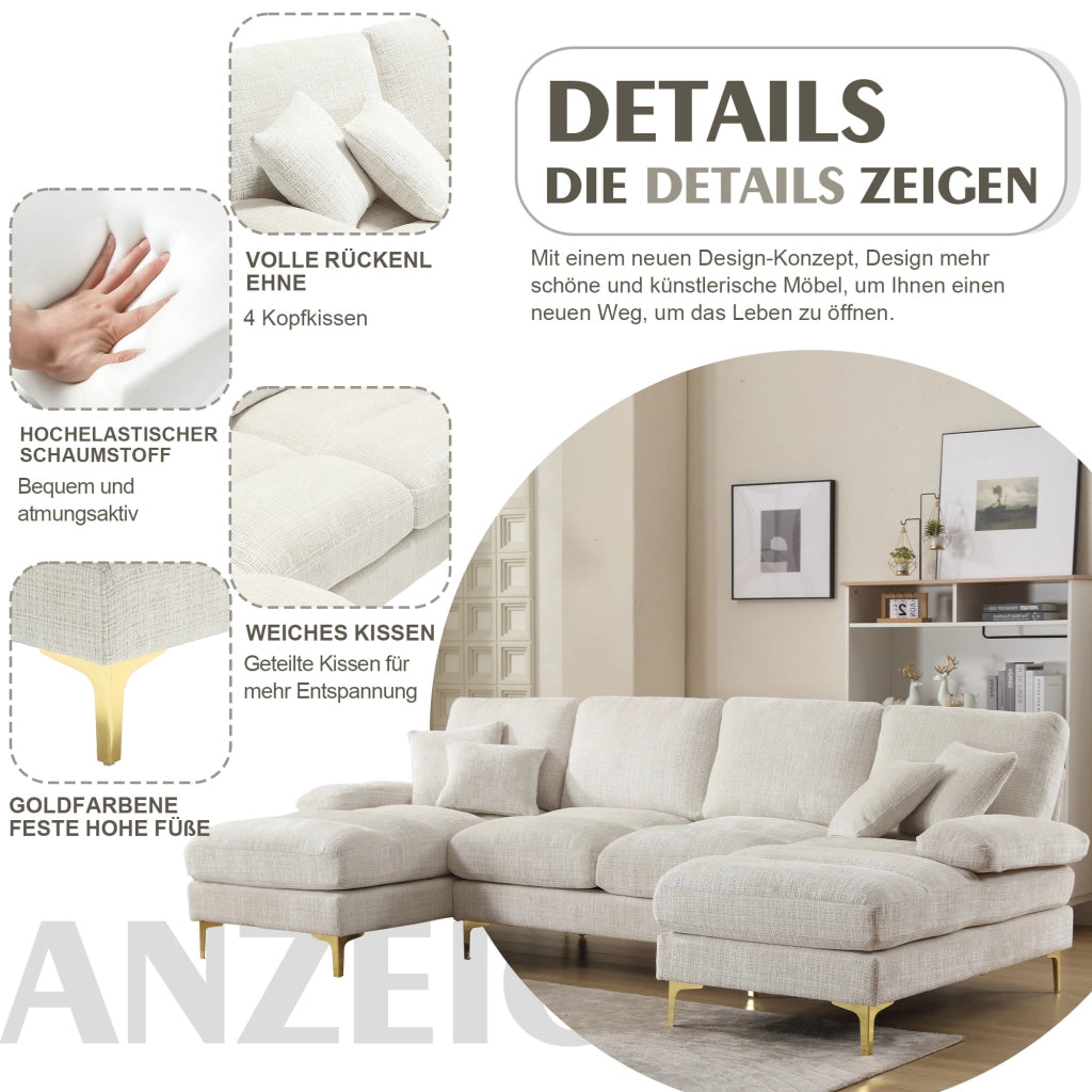 OKWISH Divano Panoramico a U, Doppia Chaise Longue con Cuscini Schienale e Piedi in Metallo, Ciniglia Beige 272 × 136 × 88 cm