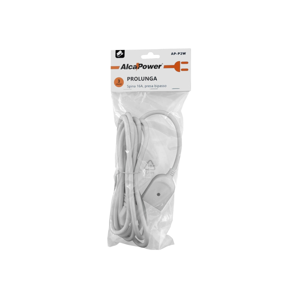 Alcapower Prolunga Elettrica 3 Metri con Spina 16A e Presa Bipasso 10/16A, Cavo Bianco per Uso Domestico e Professionale, Potenza Max 3500W