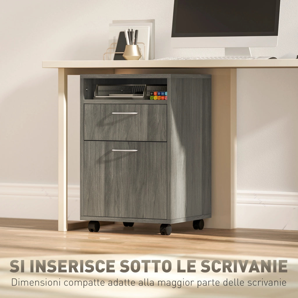 Cassettiera Portadocumenti a 4 Ruote con Ripiano Aperto e Cassetti, in Legno e Metallo, 40x35x60 cm, Grigio