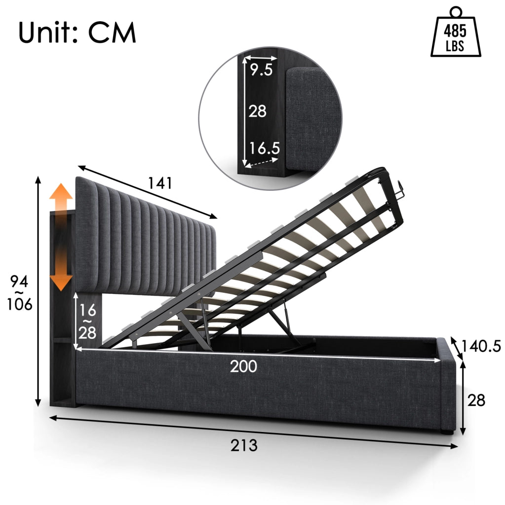 Letto matrimoniale imbottito 140x200 cm in lino grigio con contenitore; LED e porte USB Type C
