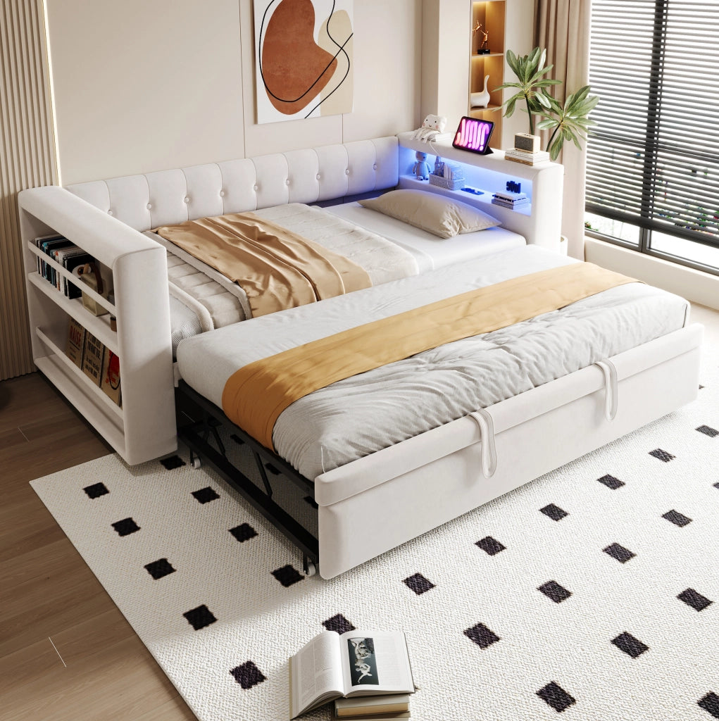 Divano letto multifunzionale 90/180x190 cm in flanella beige con LED; prese e contenitore