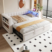 Divano letto multifunzionale 90/180x190 cm in flanella beige con LED; prese e contenitore