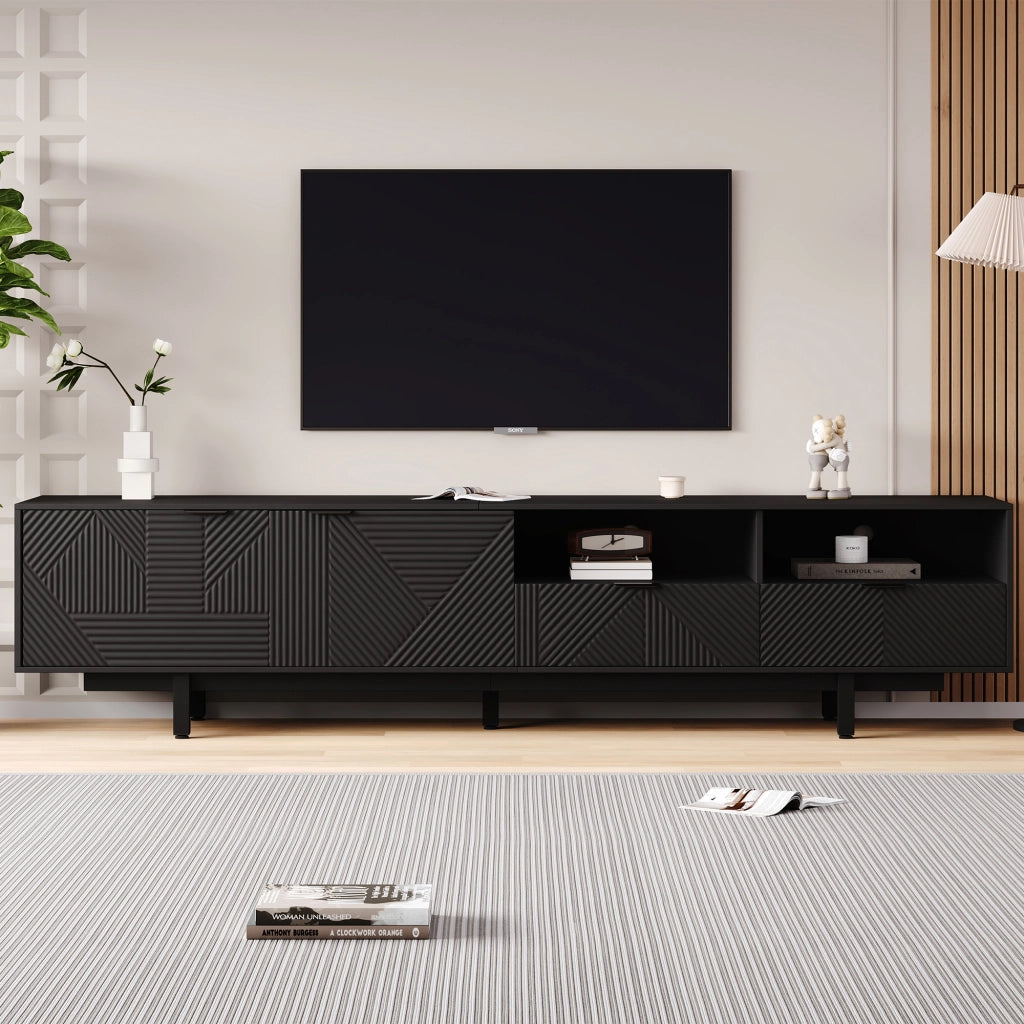 Mobile TV con 2 ante; vani aperti e passacavi - per soggiorno - 200×40×51 cm - nero