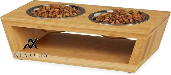Piatto per Cani e Gatti a Doppio Cavo in Acciaio Inox e Bambù - Argento Grigio Naturale.