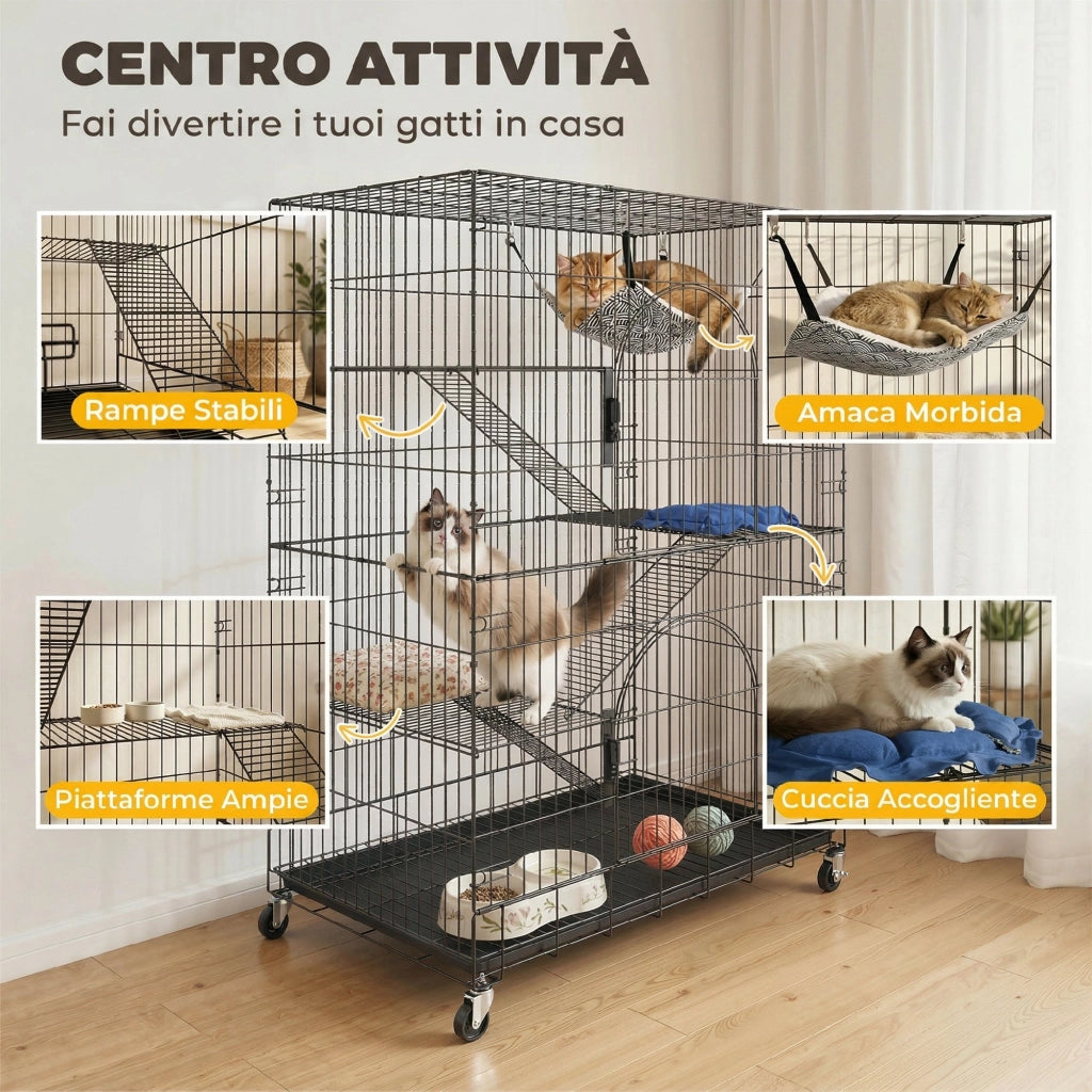 Gabbia Gatti a 4 Livelli con Amaca. Letto. Rampe e Piattaforme in Metallo con Ruote e Vassoio Estraibile. Nero