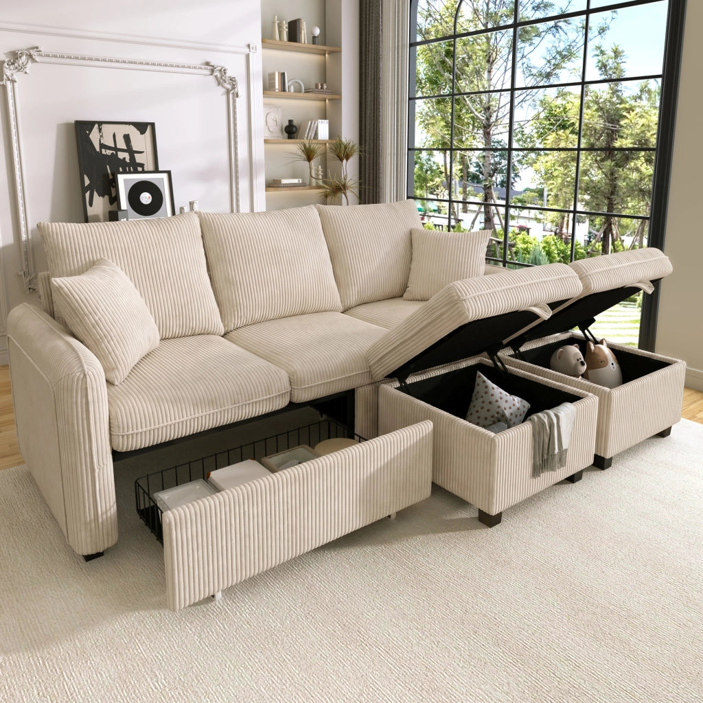 Divano angolare convertibile 3 Posti con Contenitore, 2 Pouf contenitore e Cuscini, in Velluto a coste Beige