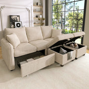 Divano angolare convertibile 3 Posti con Contenitore, 2 Pouf contenitore e Cuscini, in Velluto a coste Beige