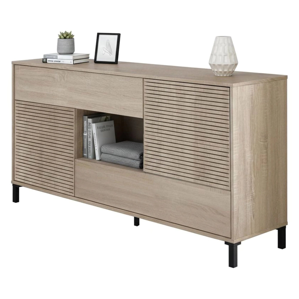 Credenza Abib, Madia moderna a 2 ante, Buffet da soggiorno, Mobile porta TV, Madia con piedini per salotto, cm 151x41h80, Rovere