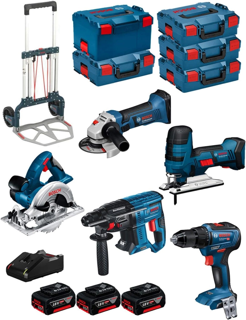 BOSCH Kit 18V BK502 (GST 18 V-LI S + GKS 18 V-LI + GBH 18V-21 + GWS 18-125 V-LI + GSR 18V-55 + 3 Batterie di 5,0 Ah + Caricabatterie + 4 x L-Boxx 136 + L-Boxx 238 + Caddy)