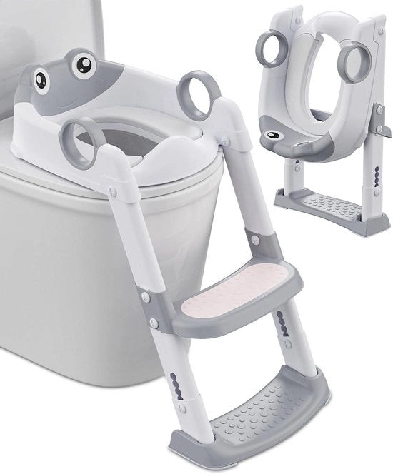 Sedile per bambini con gradino - Ragazzi Ragazze Altezza Regolabile Opportuna - Impermeabile alla lorda Antiscivolo Piatto Pedale - Bianco Grigio Visiera per il bagno dei bambini