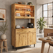 Credenza alta 100x40x185 cm rovere con LED, prese e ante in vetro
