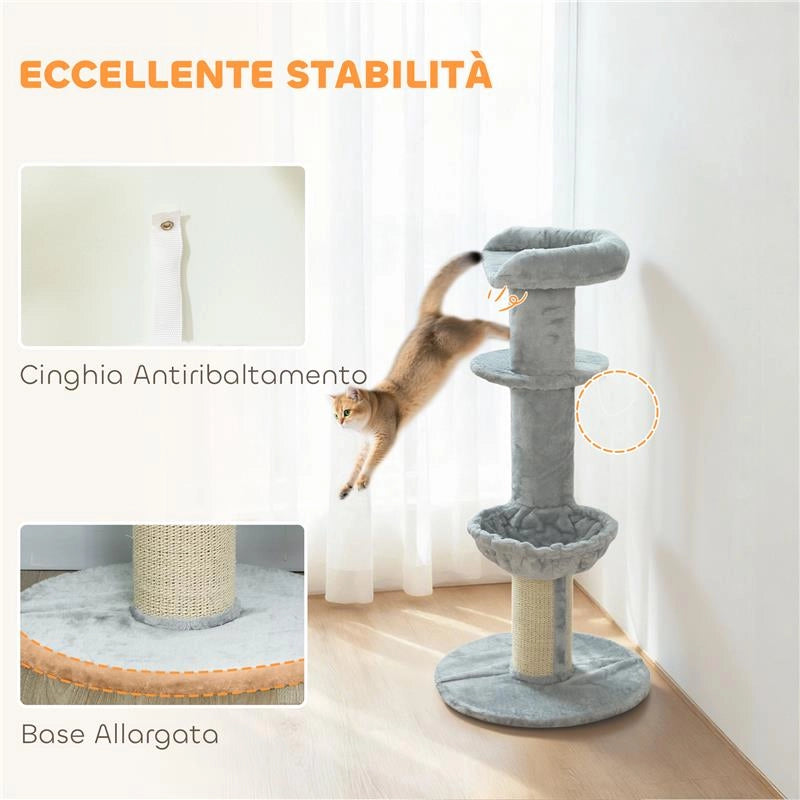 ALBERO TIRAGRAFFI PER GATTI ALTO 103.5 CM CON LETTINO E AMACA, RIVESTIMENTO IN PELUCHE, GRIGIO CHIARO