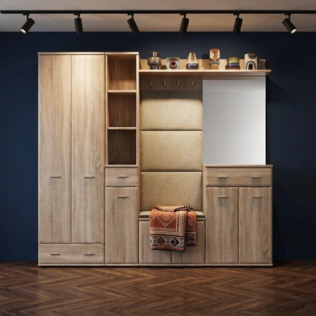 Set Ingresso Scarpiera Appendiabiti Imbottito Mobile Entrata Anta Specchio Vani Guardaroba Ganci Armadio Mobiletto Multifunzione Salvaspazio Corridoio Casa Design Moderno 210 x 32 x 203 Cm Rovere
