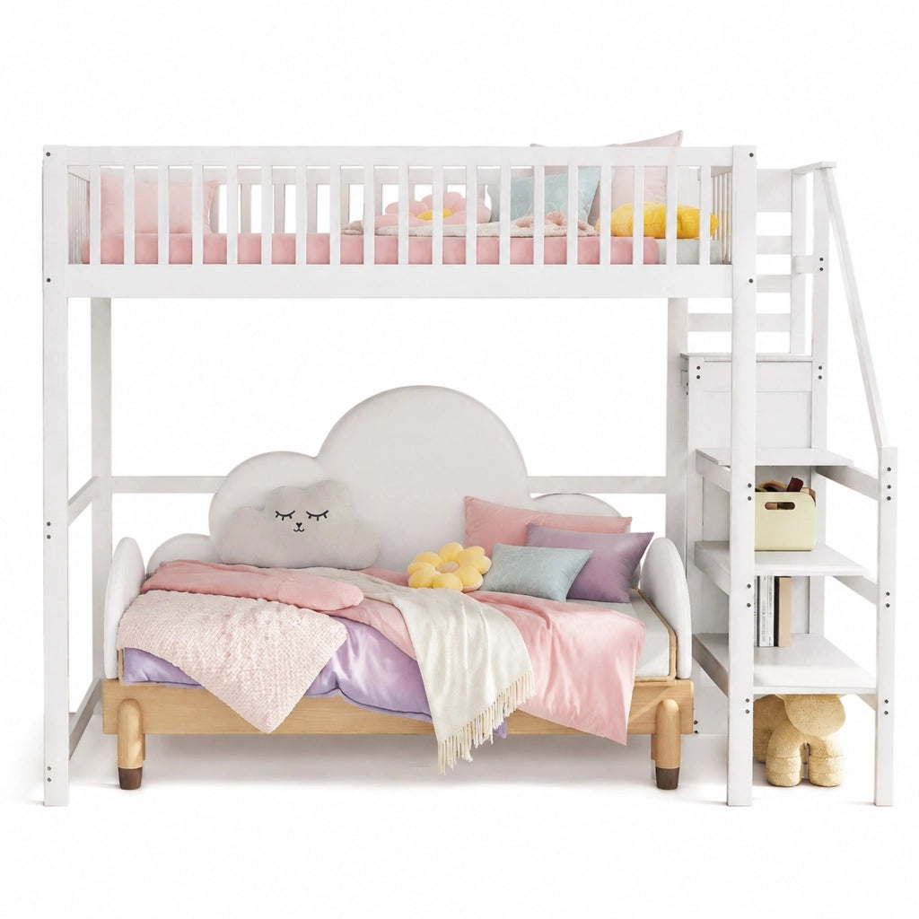 Letto a soppalco 140x200 cm in legno bianco con scala di sicurezza e armadio integrato