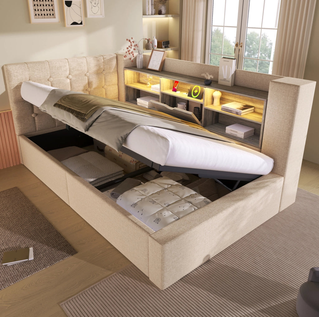 Letto imbottito 90x190 cm beige con LED, ricarica USB-C e vano idraulico