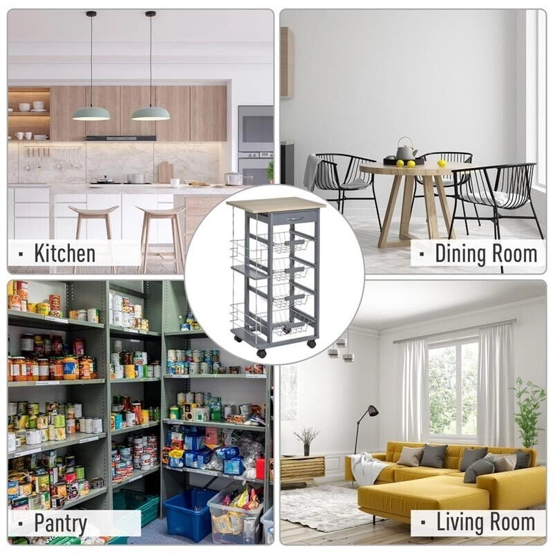 CARRELLO DA CUCINA CON CASSETTO E 4 CESTELLI METALLICI 47X37X83 CM GRIGIO SCURO