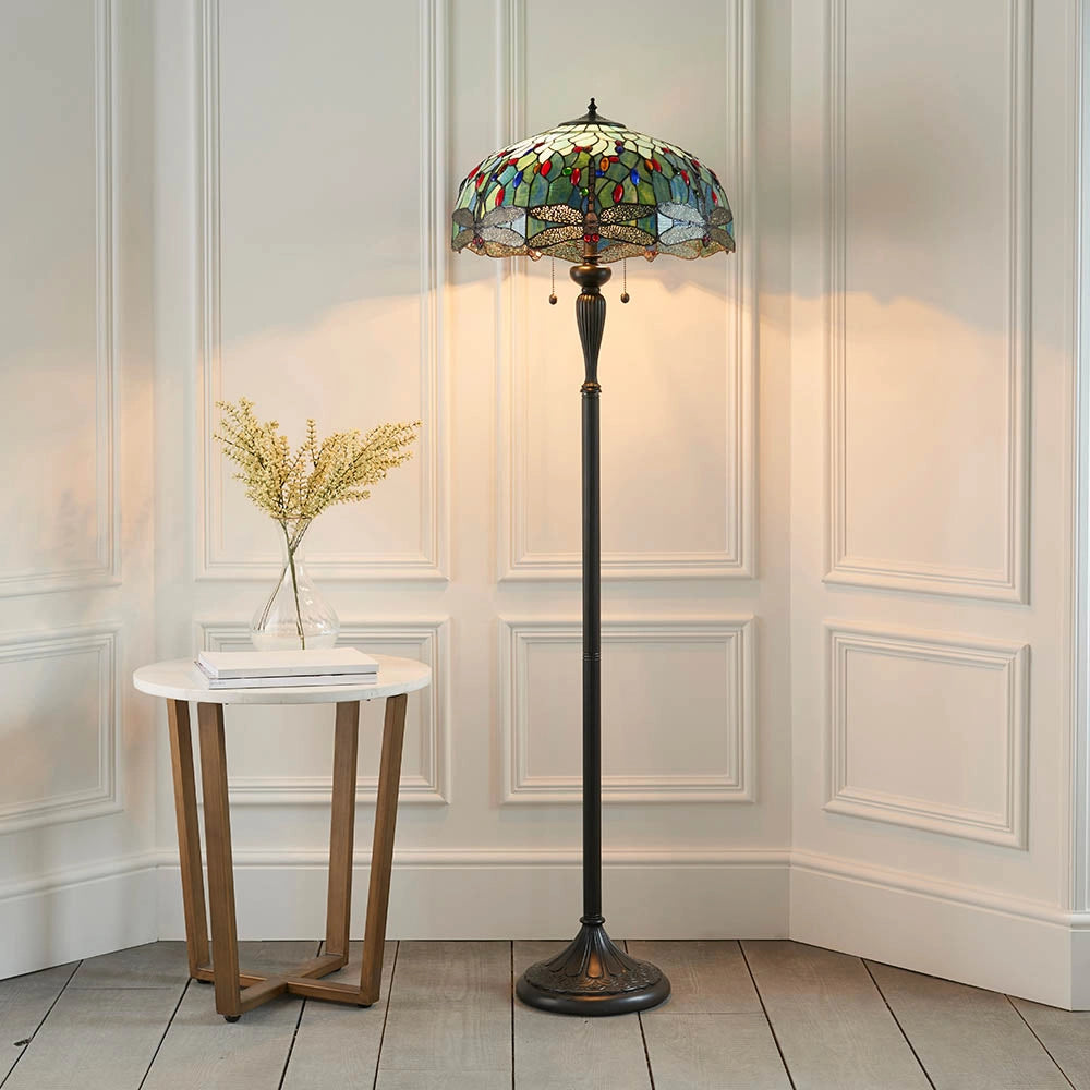 Lampada da terra Tiffany vetrata Dragonfly Blue 2xE27 60W