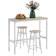 Set da Bar con Tavolo Alto e 2 Sgabelli, Struttura in Acciaio, Piano Effetto Legno Naturale, 2 Persone, Bianco