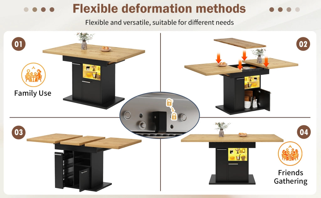 Tavolo da pranzo allungabile con vano contenitore e LED, ripiani in vetro, per 4-6 persone, in MDF nero 140 × 80 × 77,2 cm