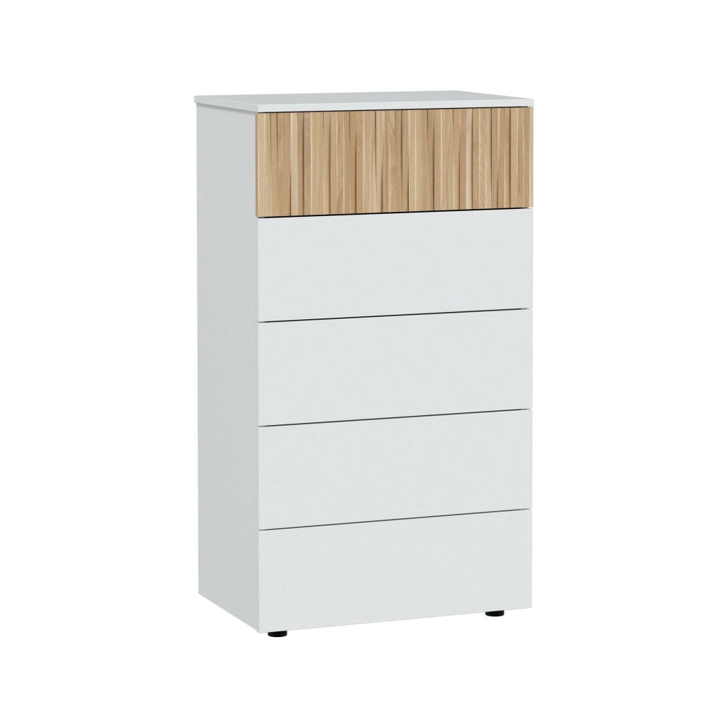 Cassettiera Asiatica, Settimanale a 5 cassetti, Mobile Comò per camera da letto, Comò moderno, 61x40h109 cm, Bianco e Rovere