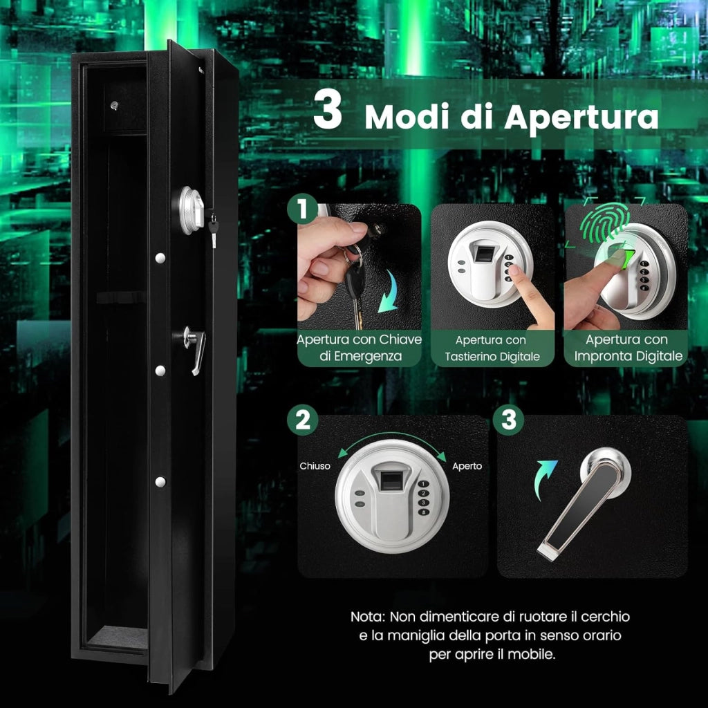 Cassaforte per 5 Fucili e Pistole Domestiche, Armadio per Armi Lunghe Pesante con Serratura Biometrica Impronta Digitale, Tastierino Digitale e Chiavi Emergenza, Tasca di Stoccaggio Integrata