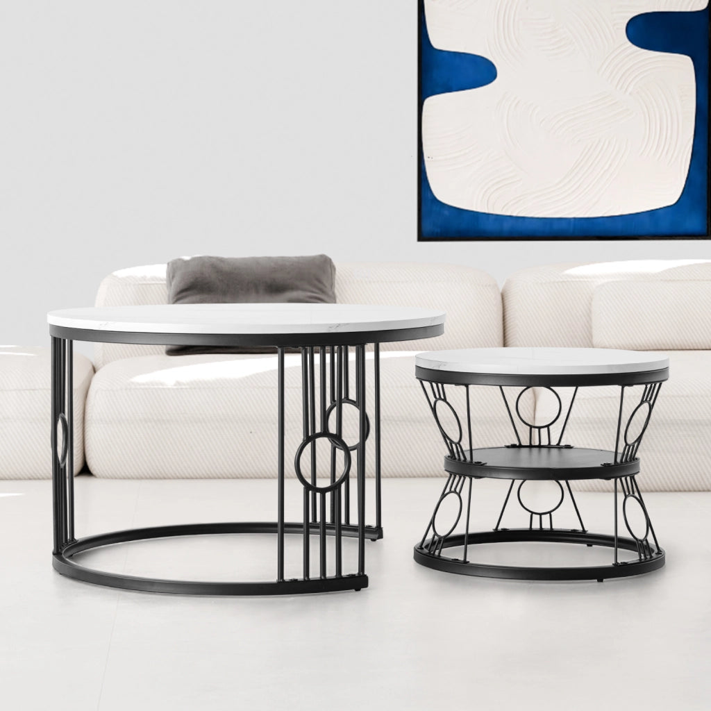 TAVOLINO DA CAFFÈ Set 2 Pezzi 70x70x45 cm MDF Bianco con Struttura Nera