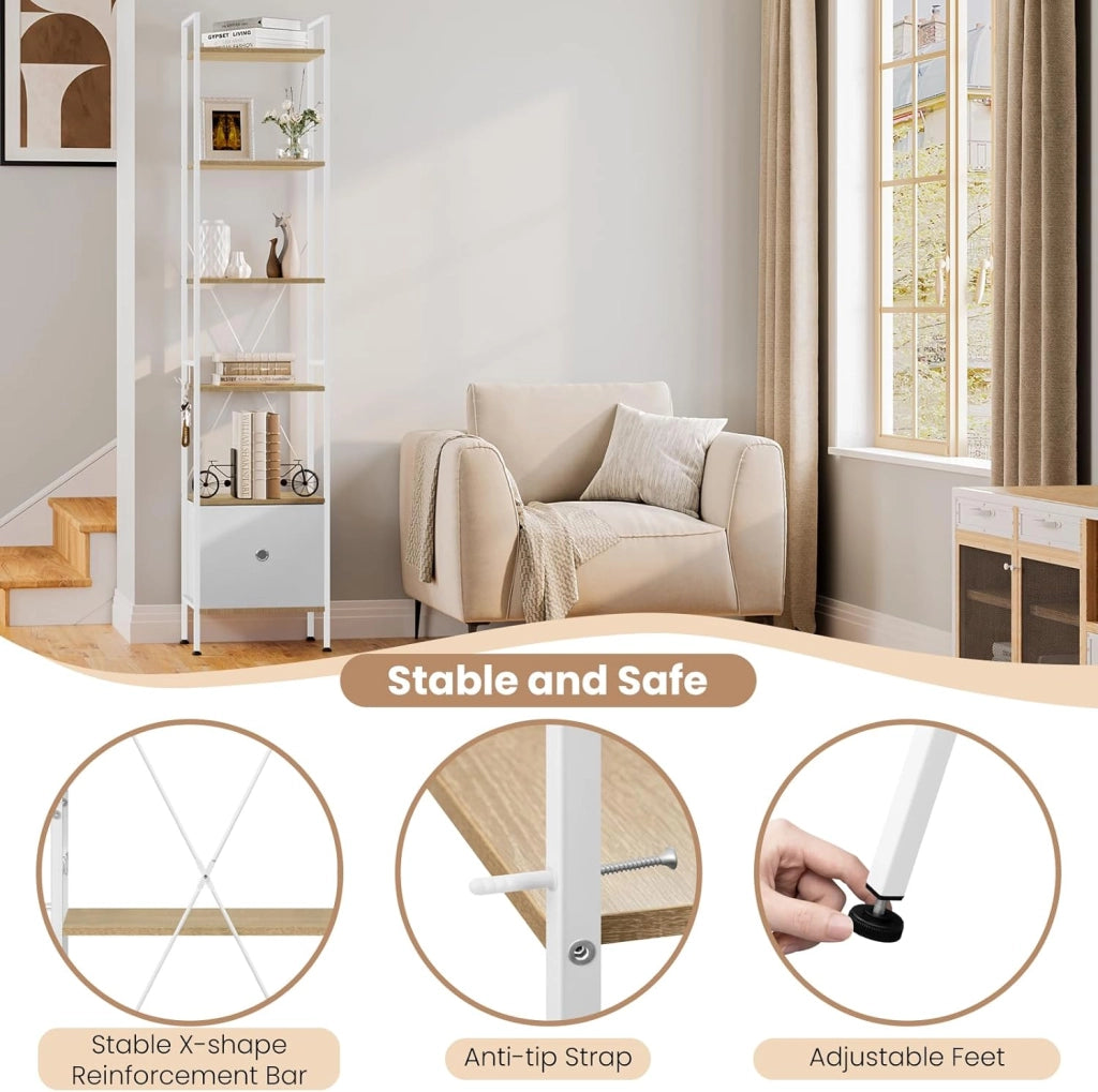 Libreria a 5 Piani, Scaffale ad Angolo Alto, Libreria Stretta con 1 Cassetto, Stile Moderno, Struttura in Acciaio, per Soggiorno, Ufficio, Studio, Camera da Letto, Rovere Chiaro+Bianco
