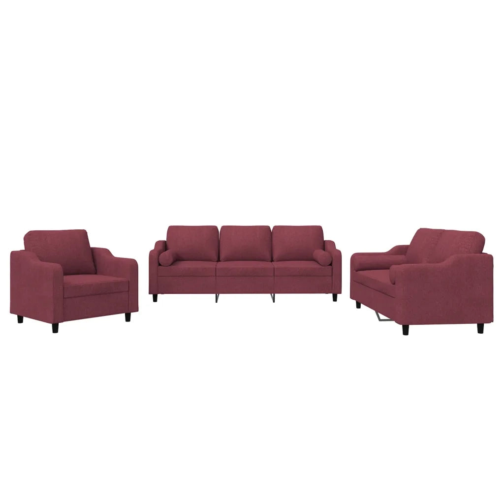 Set di Divani 3 pz con Cuscini Rosso Vino in Tessuto