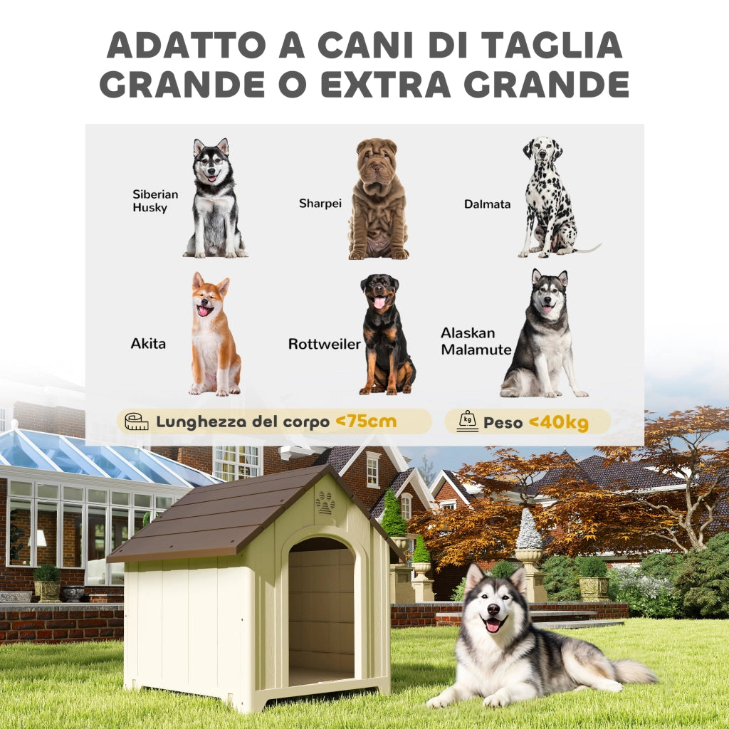 Cuccia per Cani Rialzata 102x94x103 cm con Tetto Inclinato e Prese d'Aria in PP Beige e Marrone Scuro