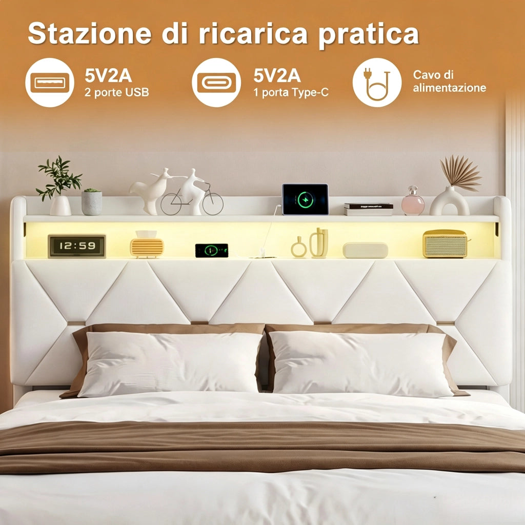 Letto una piazza e mezza 140x200 cm con contenitore LED USB Type-C testiera rete a doghe tessuto - beige