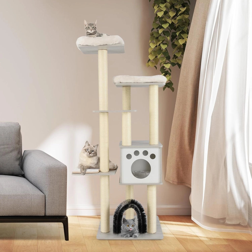 Albero Tiragraffi per Gatti 176 cm, Tiragraffi per Gatti con 2 Trespoli in Tessuto Felpato, Arco Massaggiante, Cuccia, Pali in Sisal e Tapettini Lavabili, Torre per Animali Domestici (Grigio)