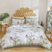 Set di lenzuola 135 x 200 cm, 2 pezzi, bianco, rosso, fiori, ruches, lenzuola reversibili, microfibra, set di lenzuola morbide, romantico, copriletto con chiusura a raccordo e cuscino 80 x 80 cm