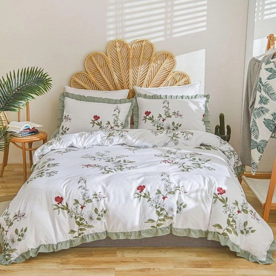 Set di lenzuola 135 x 200 cm, 2 pezzi, bianco, rosso, fiori, ruches, lenzuola reversibili, microfibra, set di lenzuola morbide, romantico, copriletto con chiusura a raccordo e cuscino 80 x 80 cm