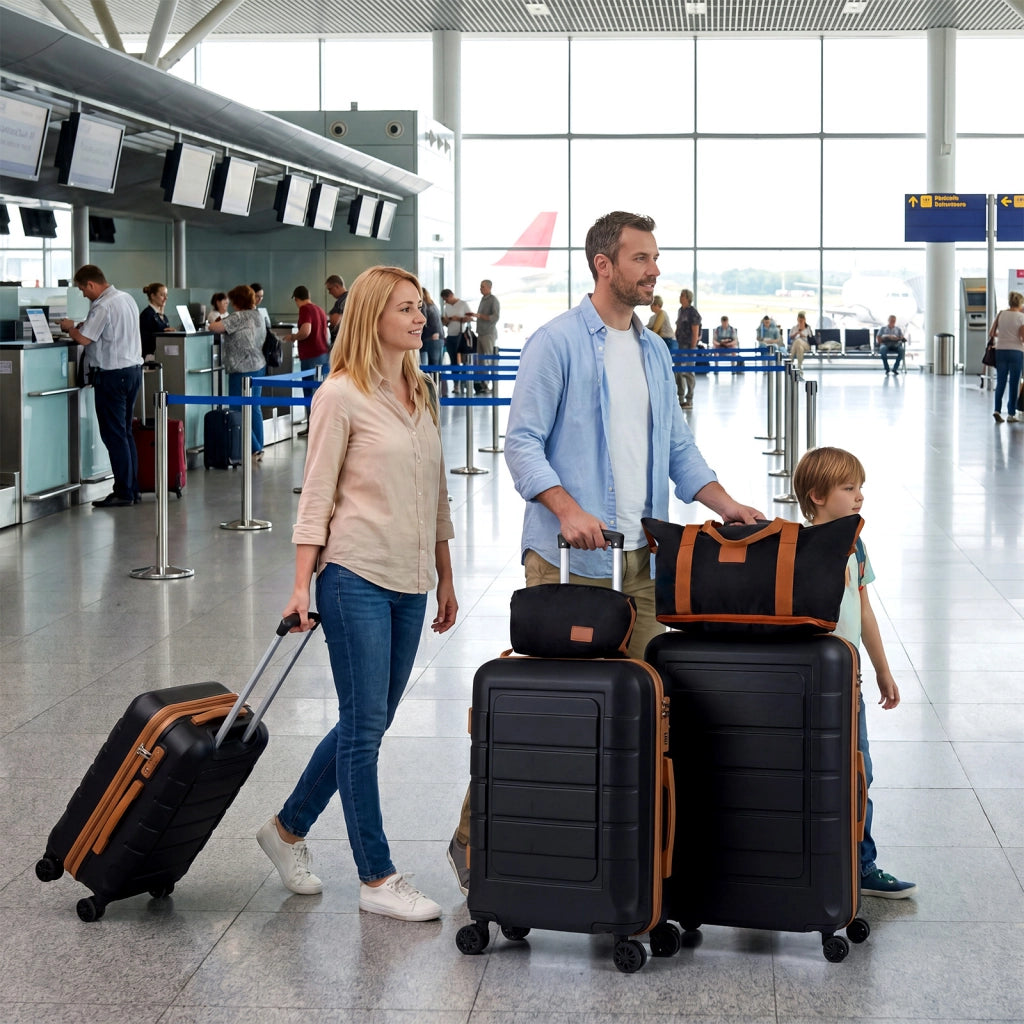 Set di 5 pezzi valigie da viaggio con 1 bagaglio a mano e 1 borsetta lucchetto a codice, Set 3 valigie rigide in abs Nero
