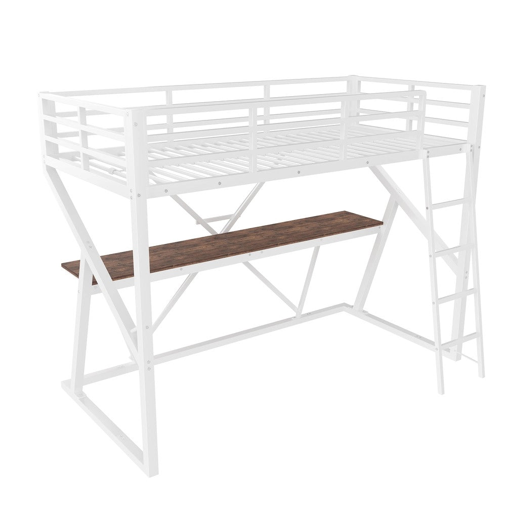 Letto a Soppalco con Scrivania, Scaletta e LED ¨C MINIMAL ¨C 90x200, Metallo, Bianco
