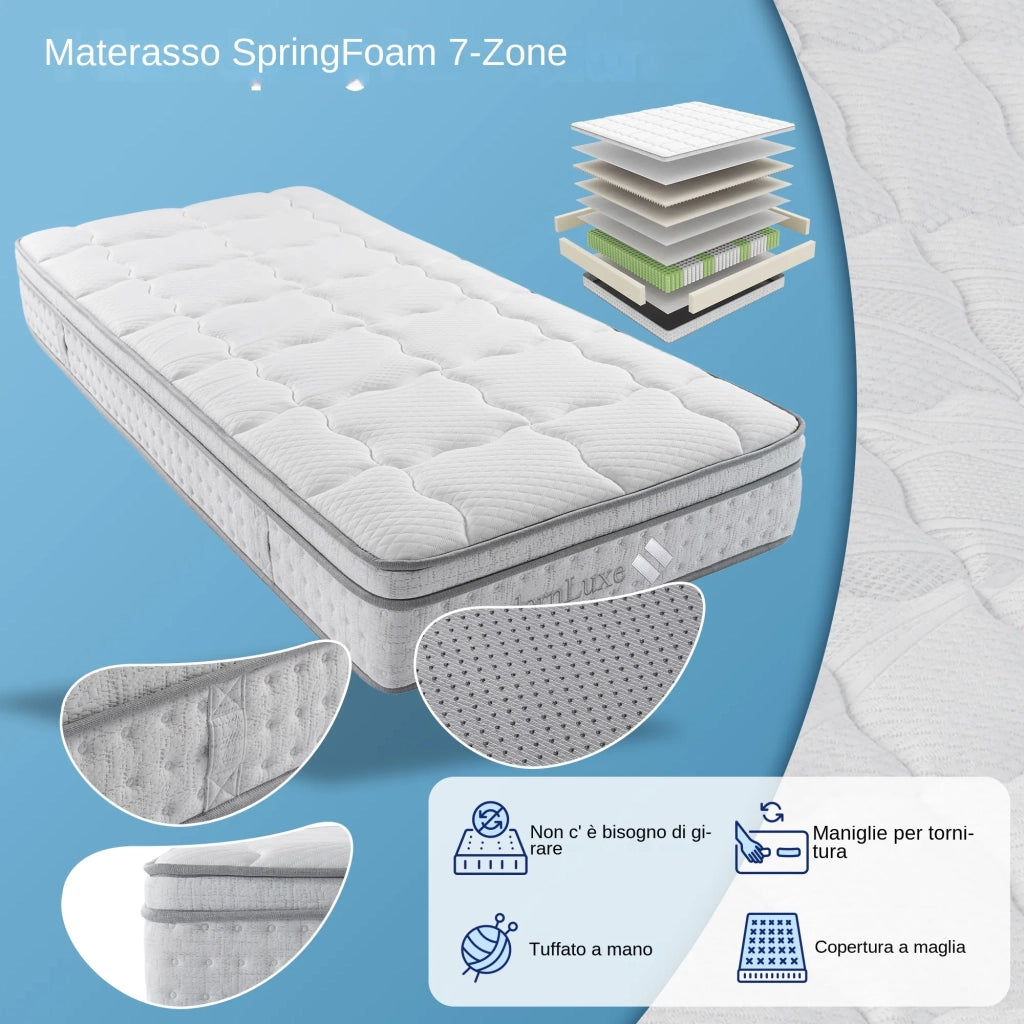 Materasso Ibrido a Molle Insacchettate 7 Zone e Waterfoam Rigidità H3 90x200x25 cm; Bianco