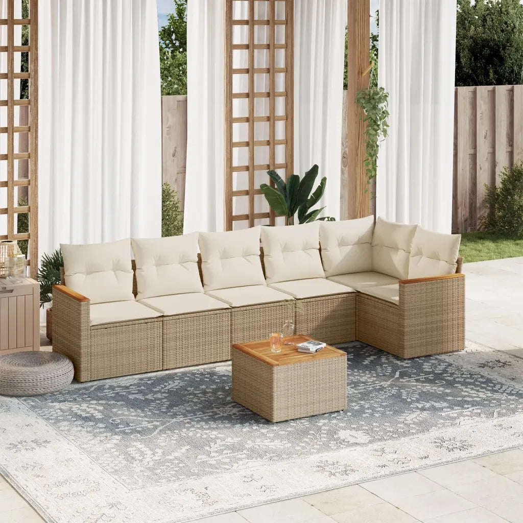 Set Divani da Giardino 7 pz con Cuscini Beige in Polyrattan