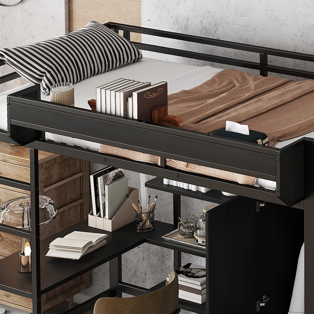 LETTO a castello 90x200 cm Nero in metallo e legno con tavolo e armadio