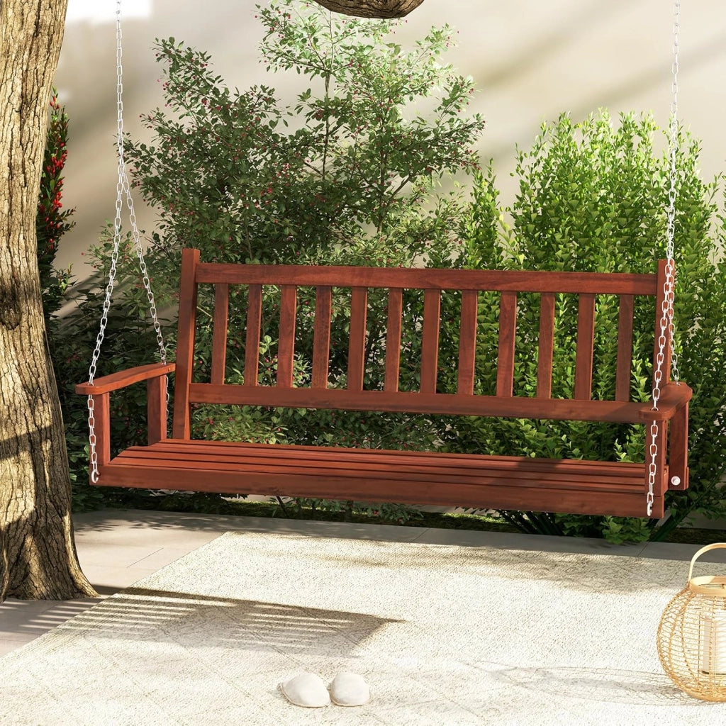 Altalena sospesa in legno per 2/3 persone con catene in metallo zincato regolabili e resistenti, con schienale a doghe e sedile per patio, giardino, 168 x 65 x 63 cm, marrone)