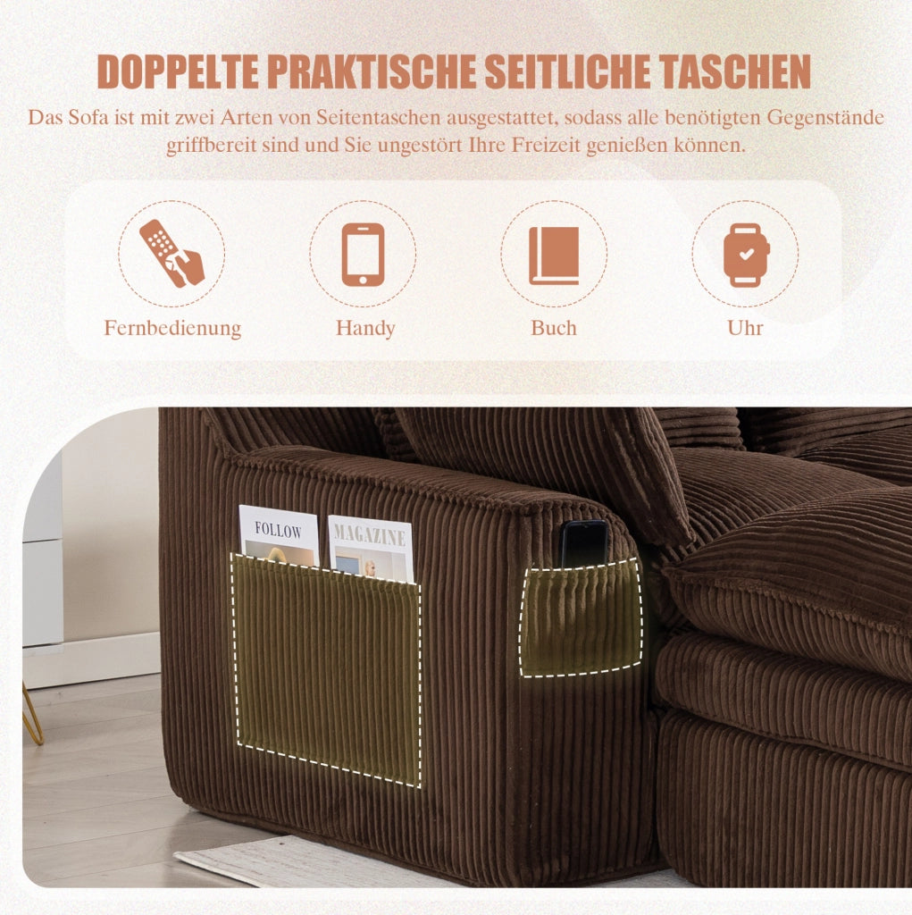 Divano modulare 4 posti in corduroy marrone; 335x167x85 cm; con 2 pouf e tasche laterali