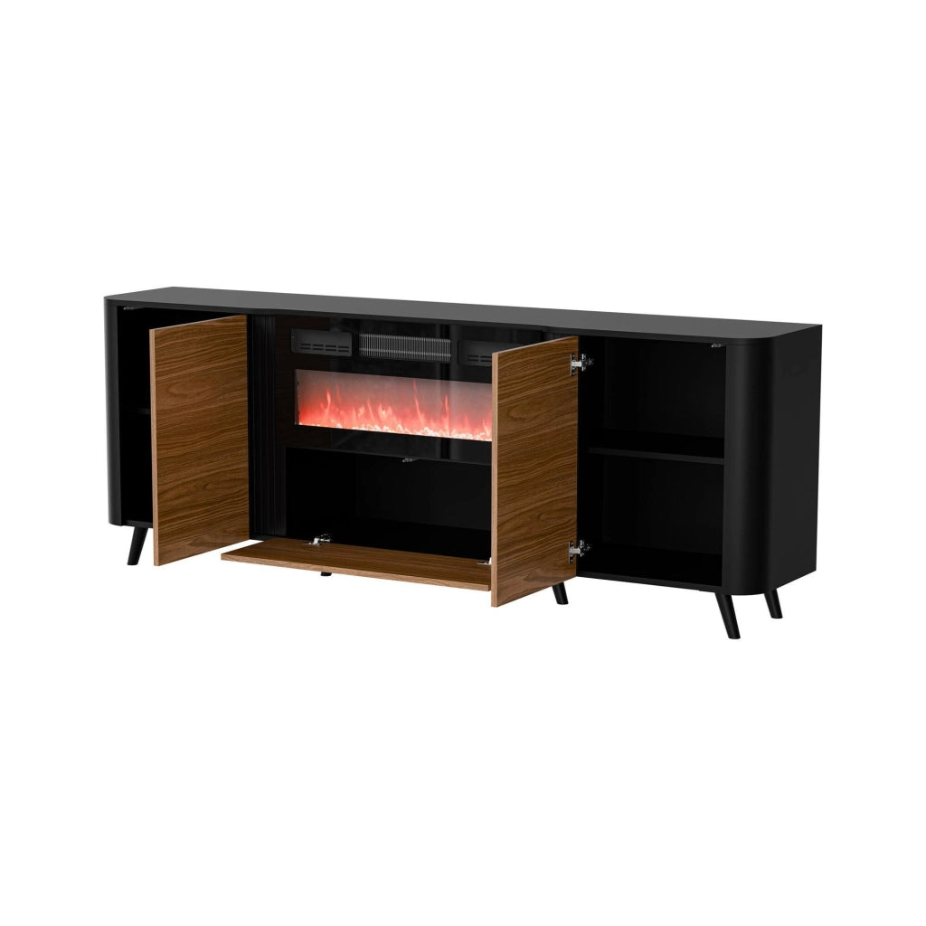 Credenza Briano, Madia da salotto con due ante battenti, anta a ribalta e camino elettrico, Rialzata da terra, 191x40 h69 cm, Nero e Noce