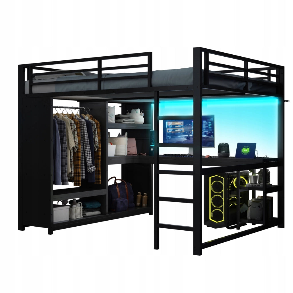Letto gaming con scrivania e armadio - Xylo - 160x200 - Nero - Luci LED