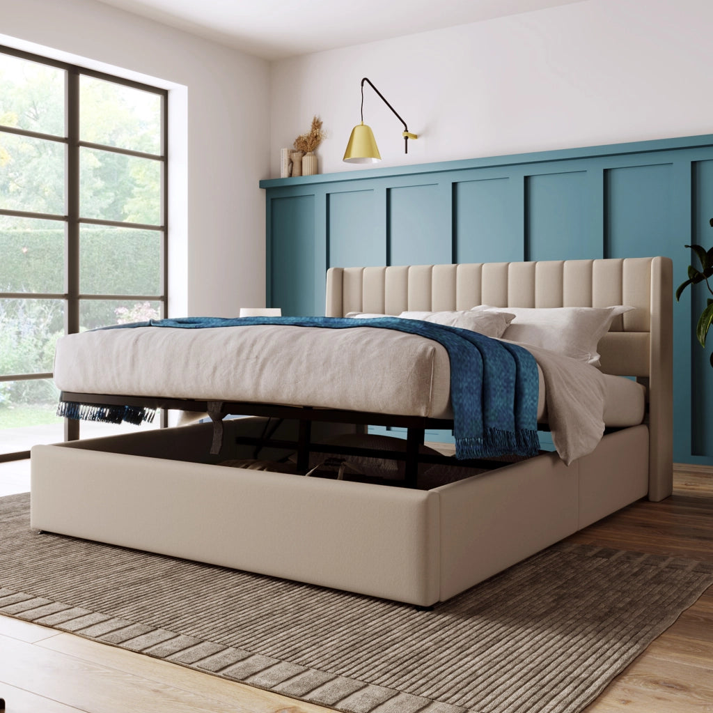 Letto matrimoniale imbottito con contenitore e sistema idraulico 160x200 cm; in lino beige