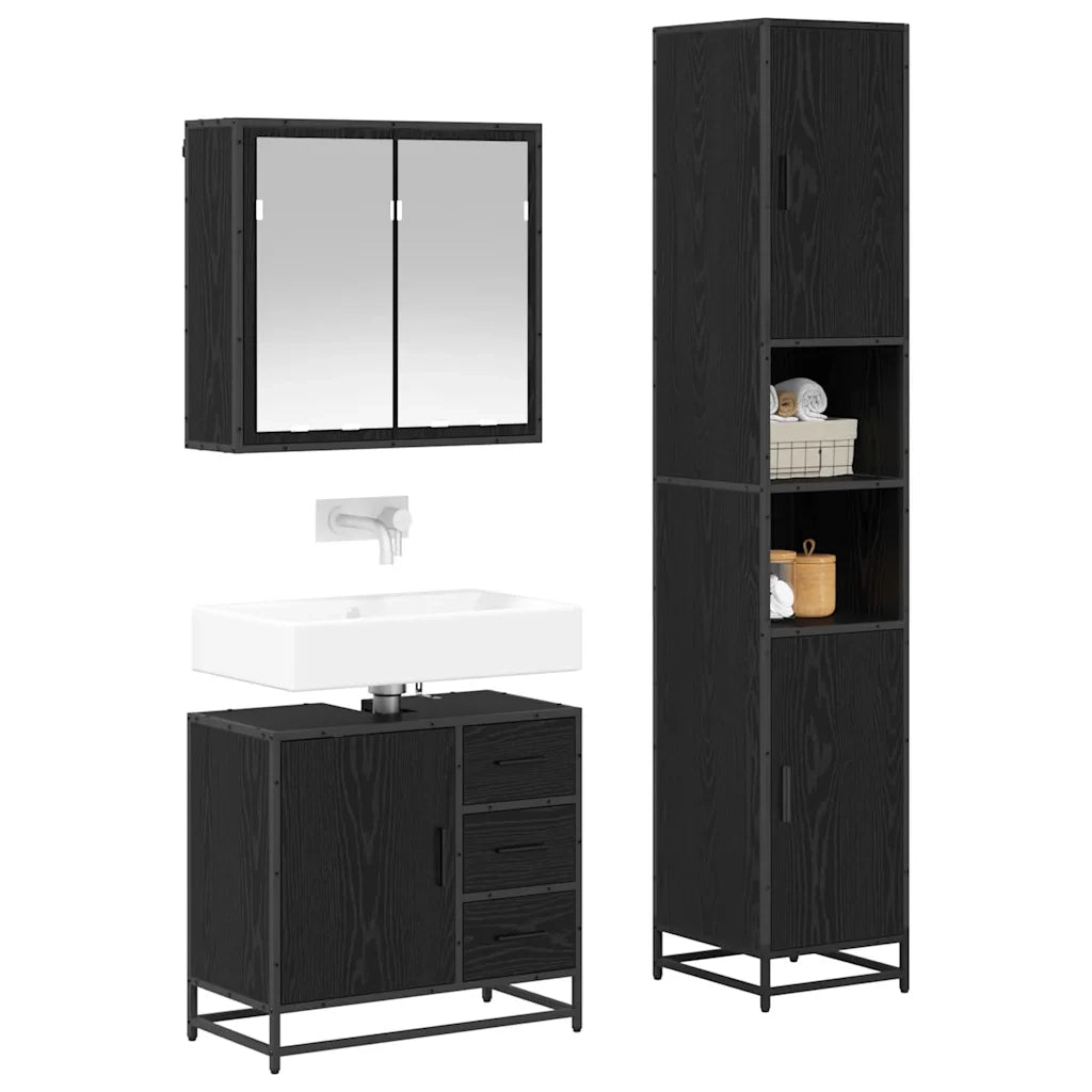 Set di mobili per il bagno 3 pcs Rovere Nero Legno multistrato