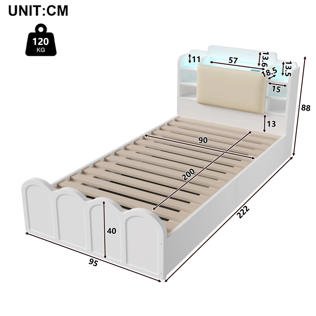 OKWISH Letto Contenitore 90×200 cm, Letto Singolo con USB e Tipo C, LED Regolabile e Contenitori, senza Materasso, Bianco