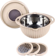 4-in-1 Vergiet per Verdura e Frutta - Acciaio Inossidabile - Set di Scolapasta con Strumenti di Taglio - Pulitore per Scolatura e Lavaggio - Beige - Facile Scarico