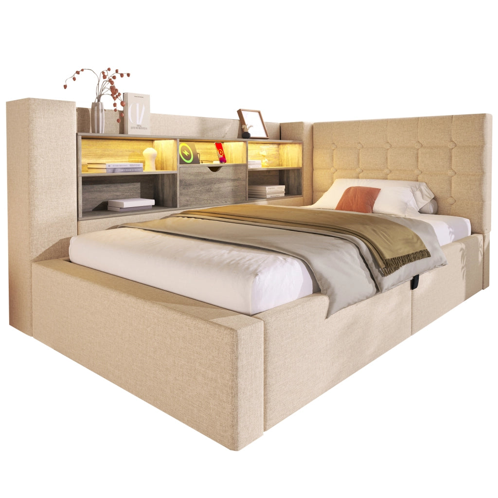 Letto singolo 90x200 cm con LED, contenitore idraulico, testiera a L, materasso incluso, beige