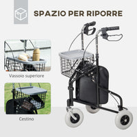 Deambulatore per Anziani e Disabili ad Altezza Regolabile 60x62x84-100,5 cm con Cestino e Vassoio Nero